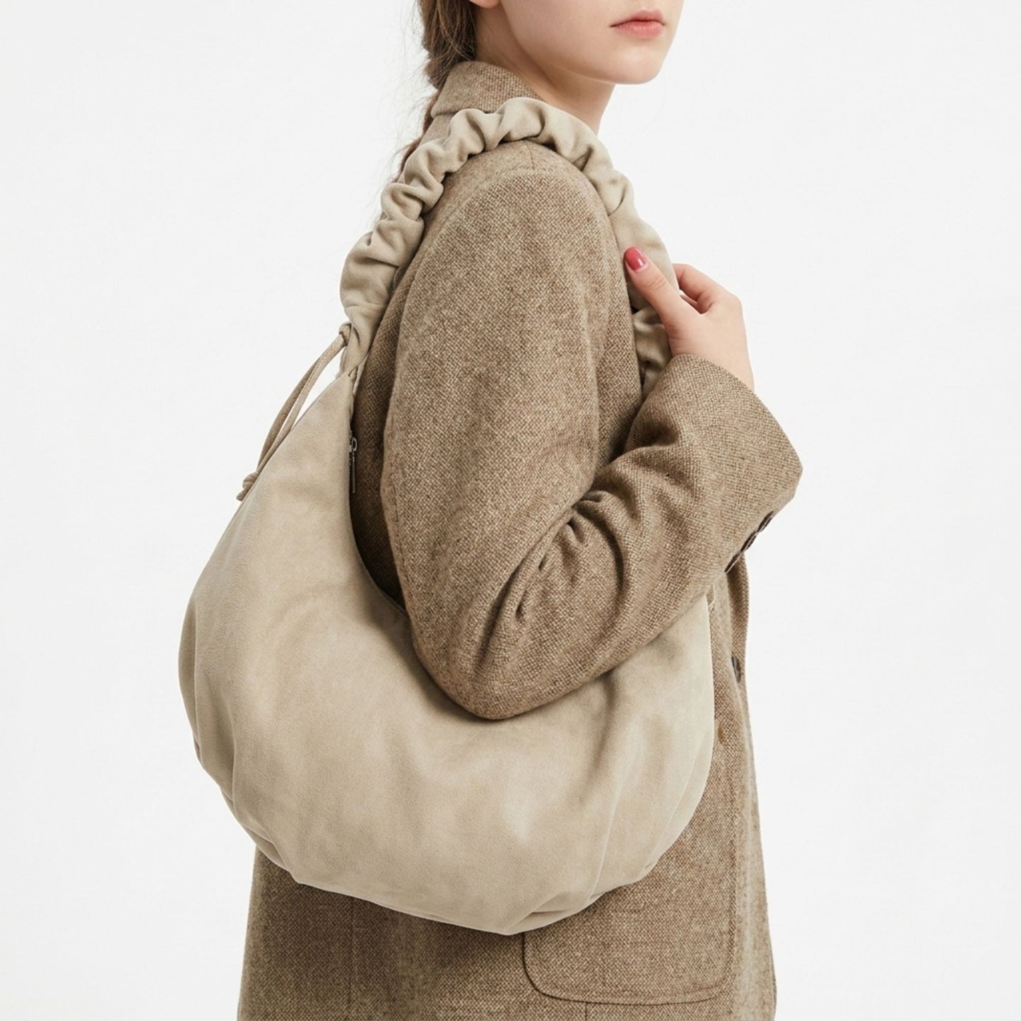 Faux Suede Hobo Shoulder Bag Ruched Strap Zipper Closure Everyday Purse