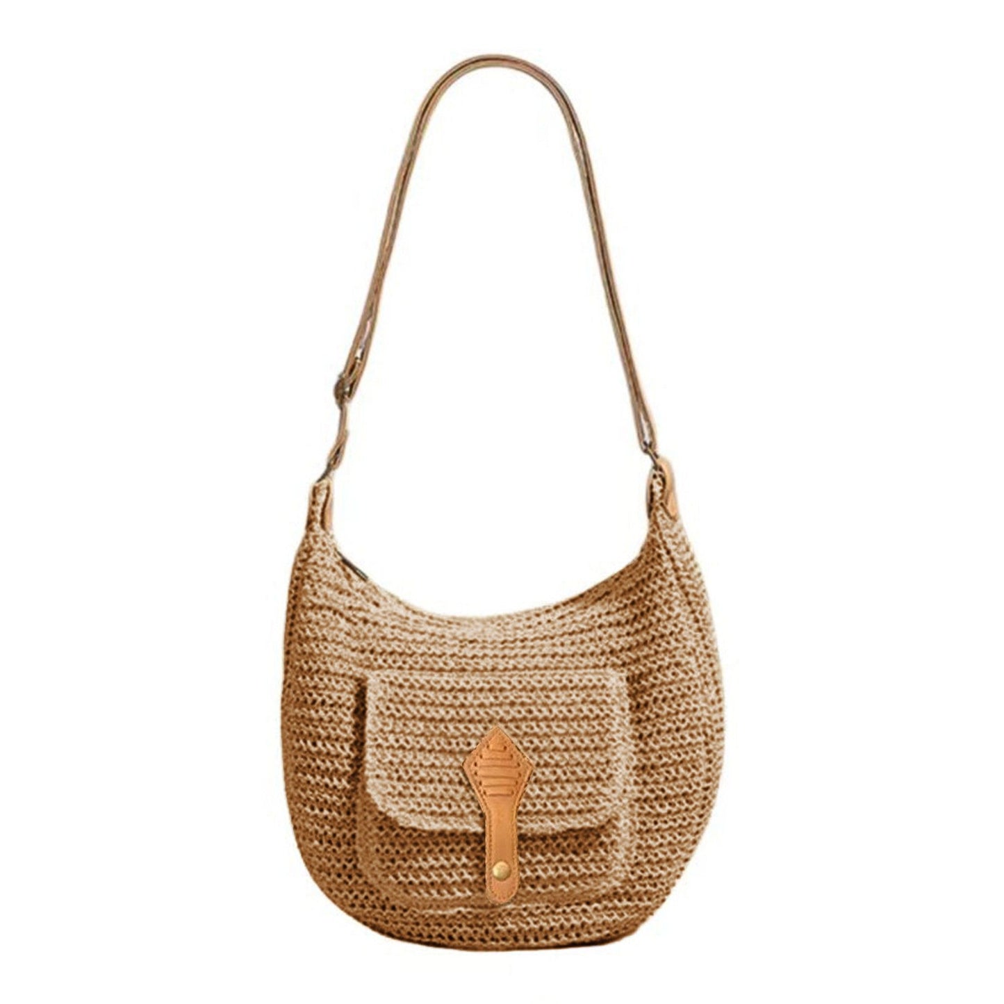 Woven Crochet Hobo Bag with Flap Pocket Leather Strap Slouchy Shoulder Handbag Lightweight Knit Tote