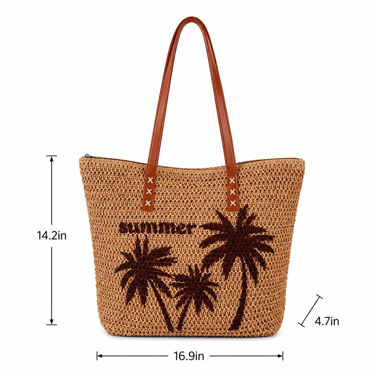 Palm Tree Woven Tote Bag Large Capacity Shoulder Handbag with Faux Leather Handles