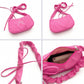 Small Bow Embroidered Shoulder Bag with Ruched Strap and Zip Closure