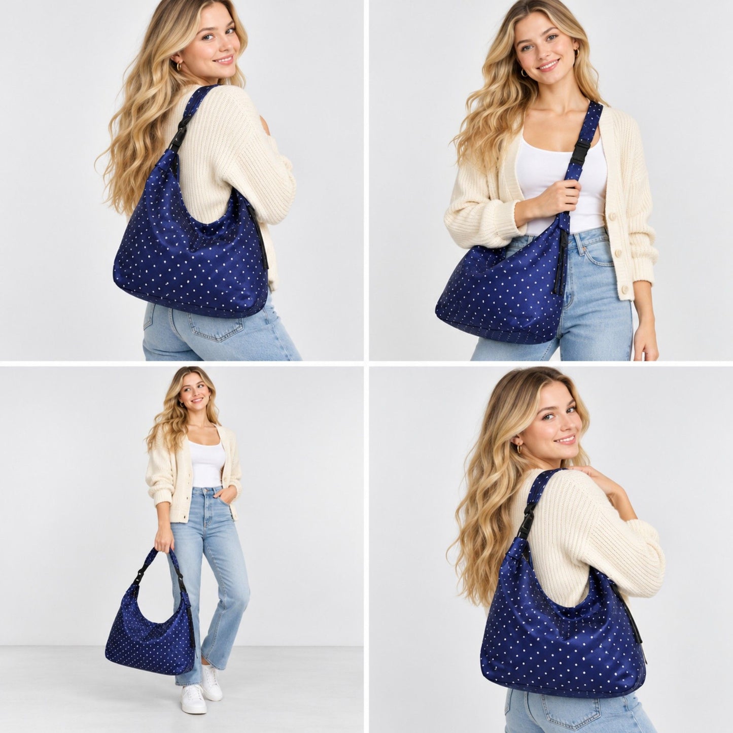 Large Nylon Polka Dot Shoulder Tote Bag