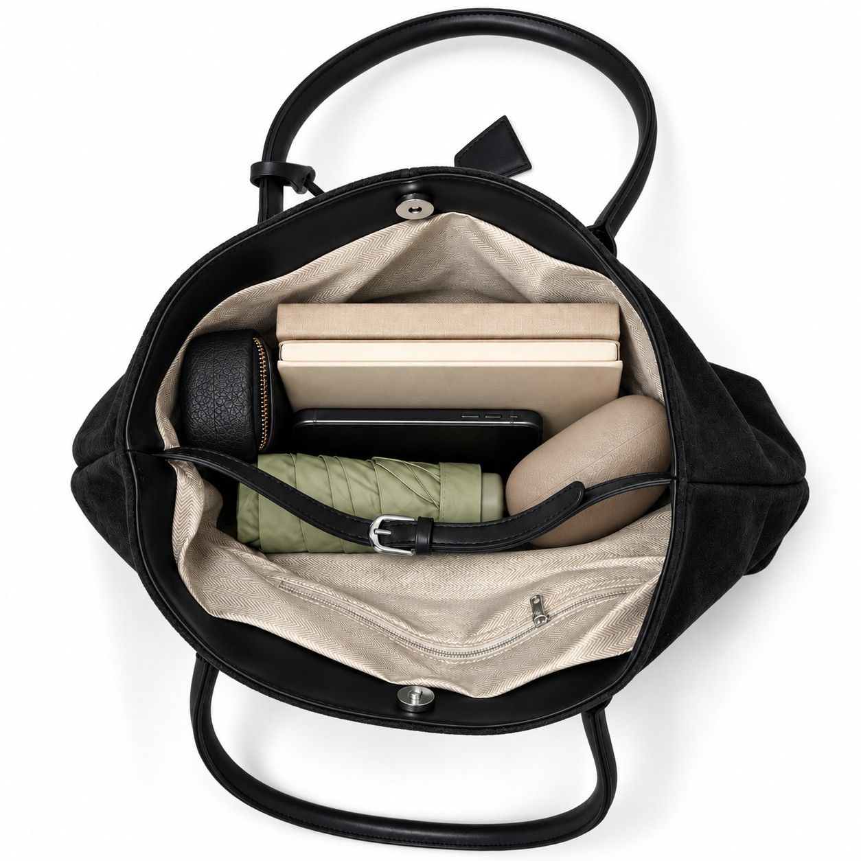 Large Suede Look Tote Bag with Double Handles Magnetic Closure and Interior Zip Pocket
