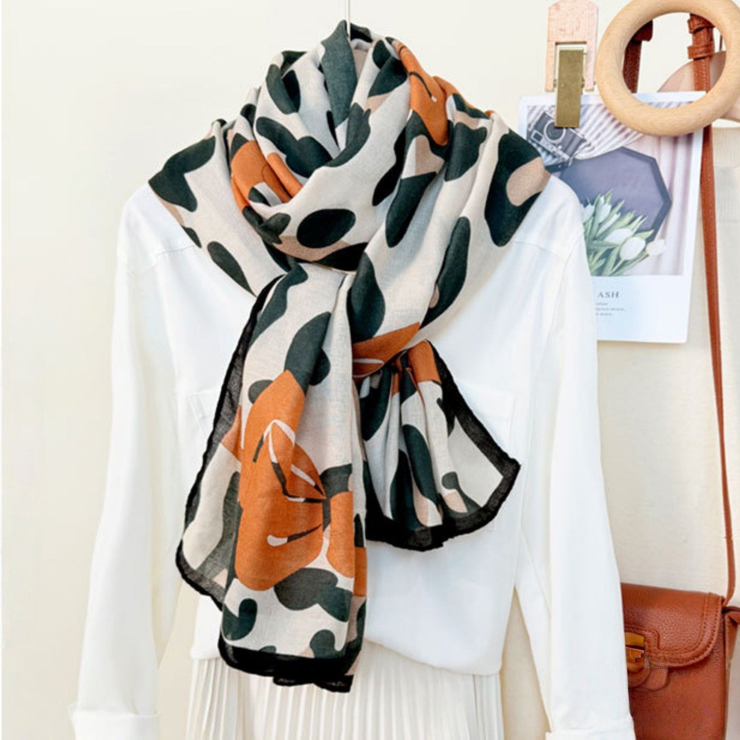 Leopard Print Lightweight Scarf with Bow Accent Stripes and Sheer Draped Fabric for Effortless Everyday Style 33.5x71in