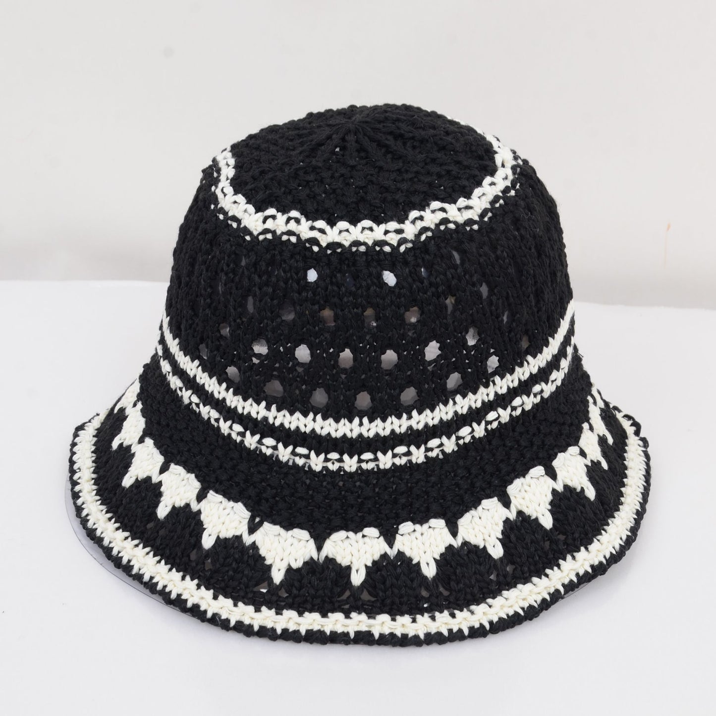 Crochet Knit Bucket Hat with Openwork Floral Pattern and Rolled Brim for Lightweight Summer Style