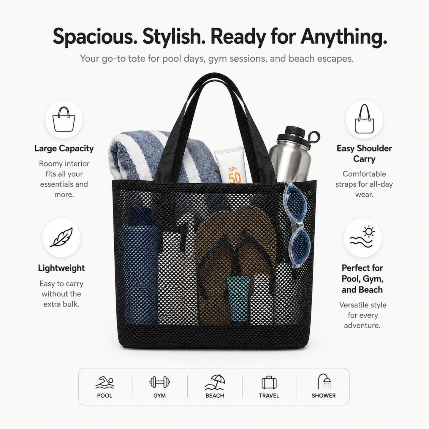 Large Mesh Tote Bag with Comfortable Shoulder Straps