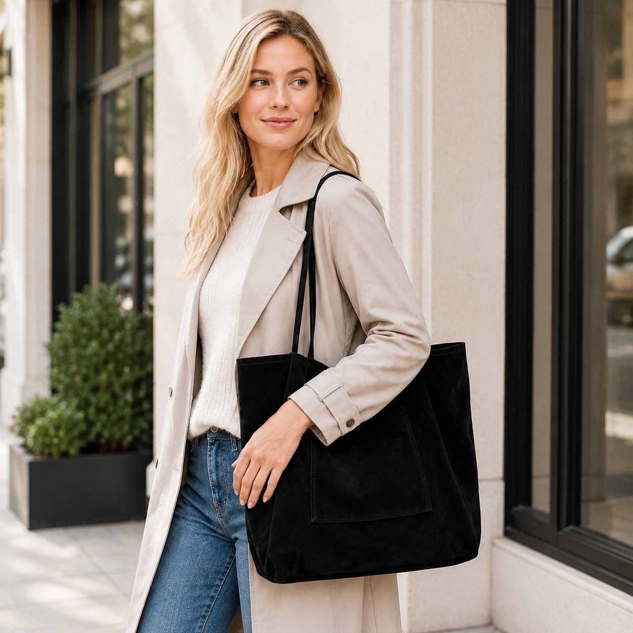Large Faux Suede Tote Bag with Front Pocket and Double Shoulder Handles