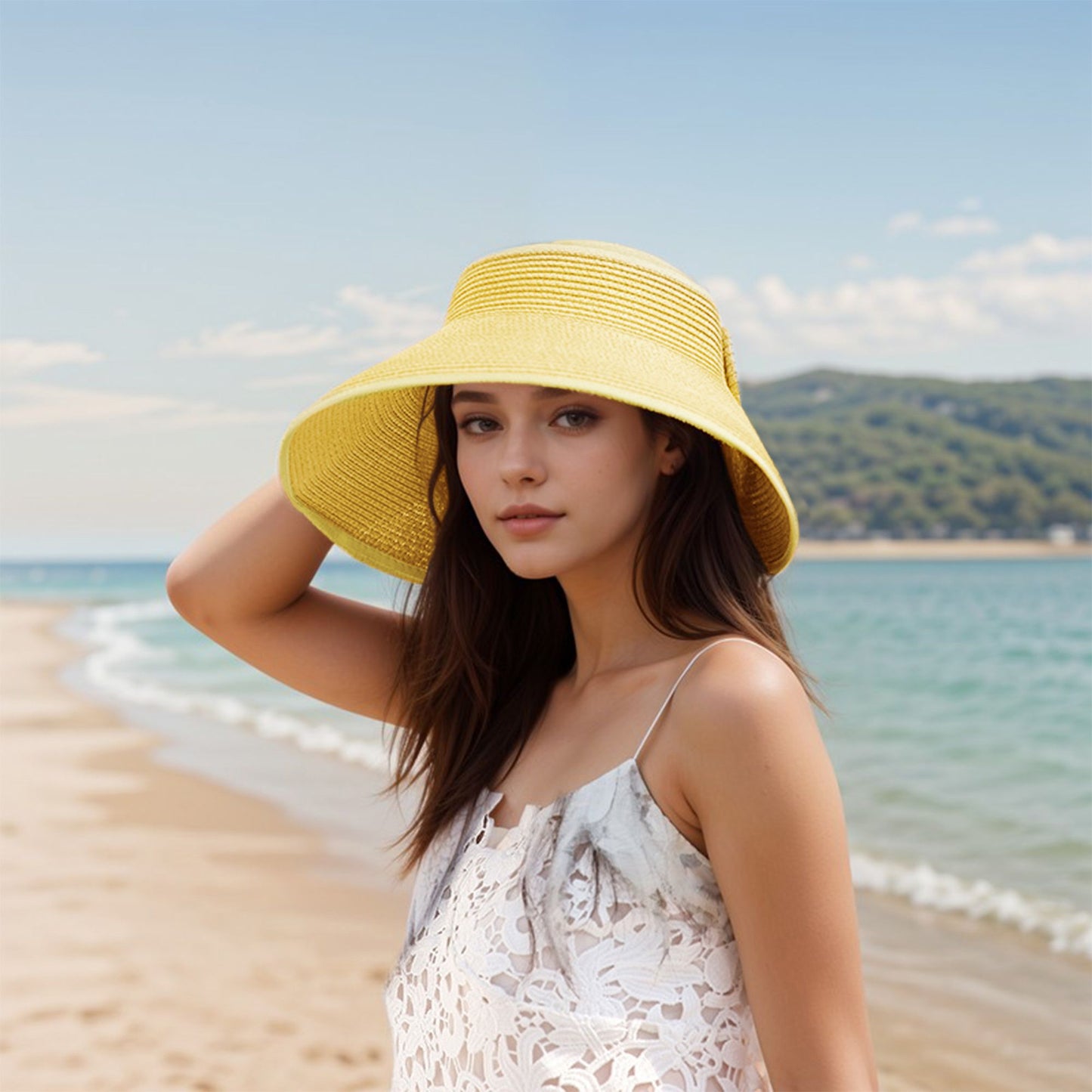 Women's Wide Brim Visor Hat with Bow Detail Adjustable Velcro Closure for Beach or Outdoor Protection