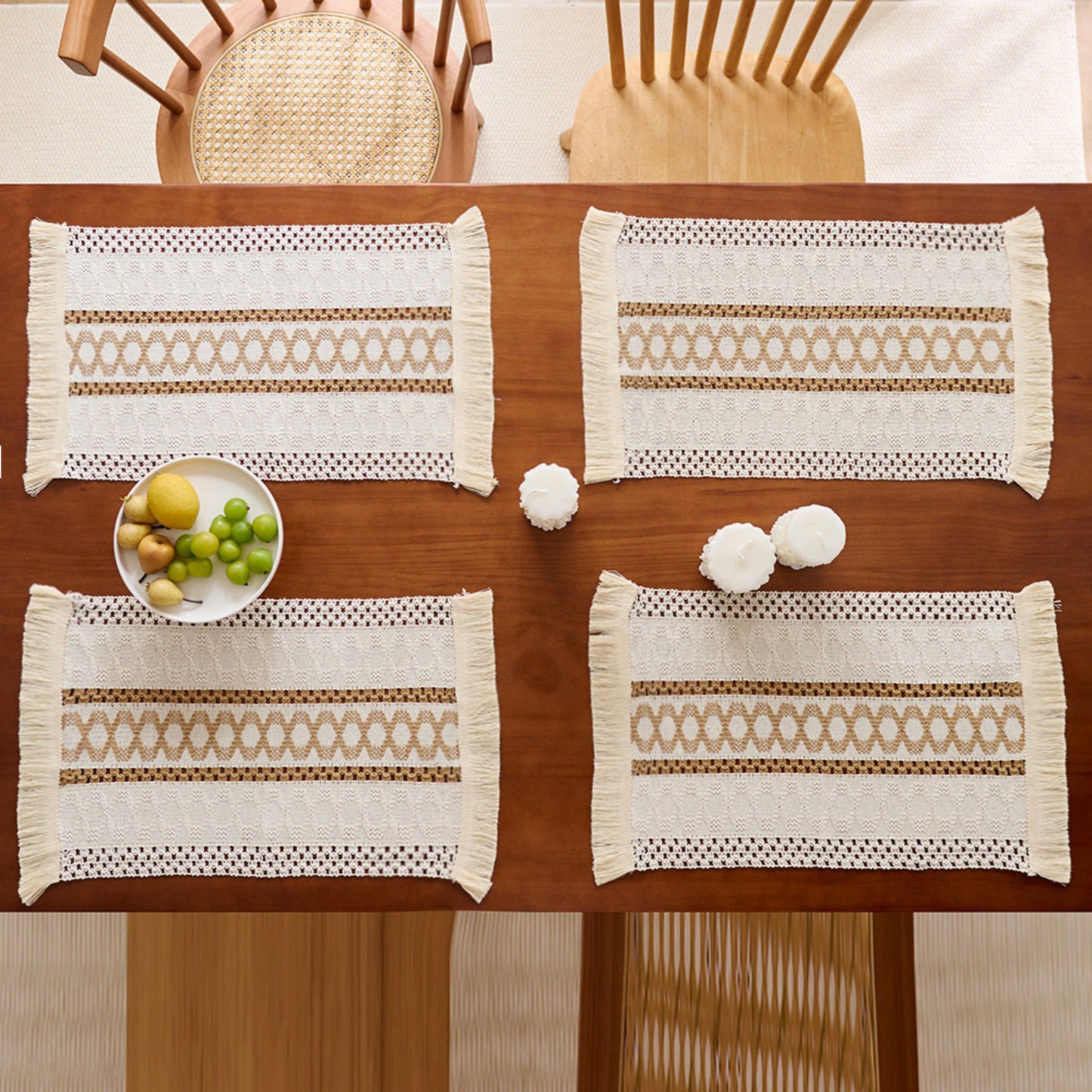 4 Set Woven Rectangular Placemats with Textured Stripes and Fringe Edges 11.8x19.5 in