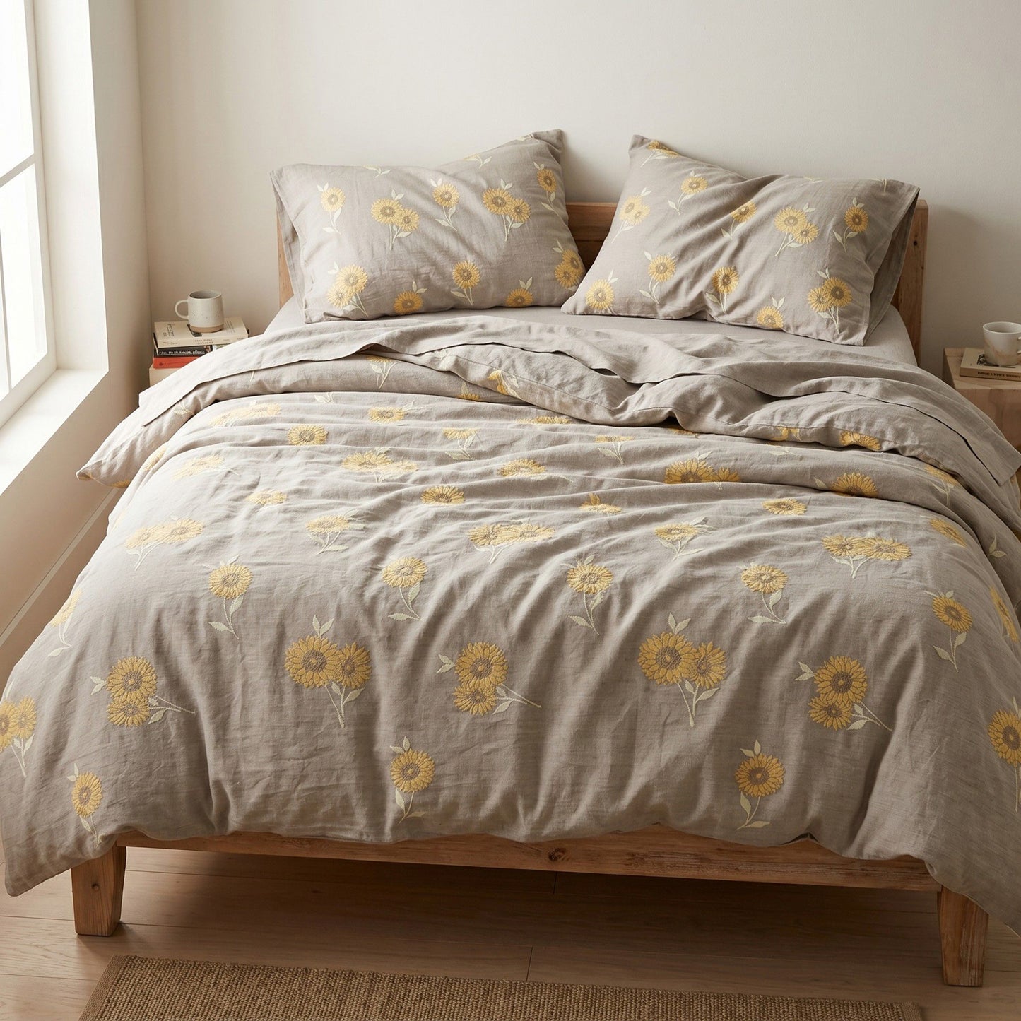 4-Piece Cotton Bedding Set with Sunflower Print Duvet Cover, Pillowcases, and Flat Sheet for a Bright and Cozy Bedroom