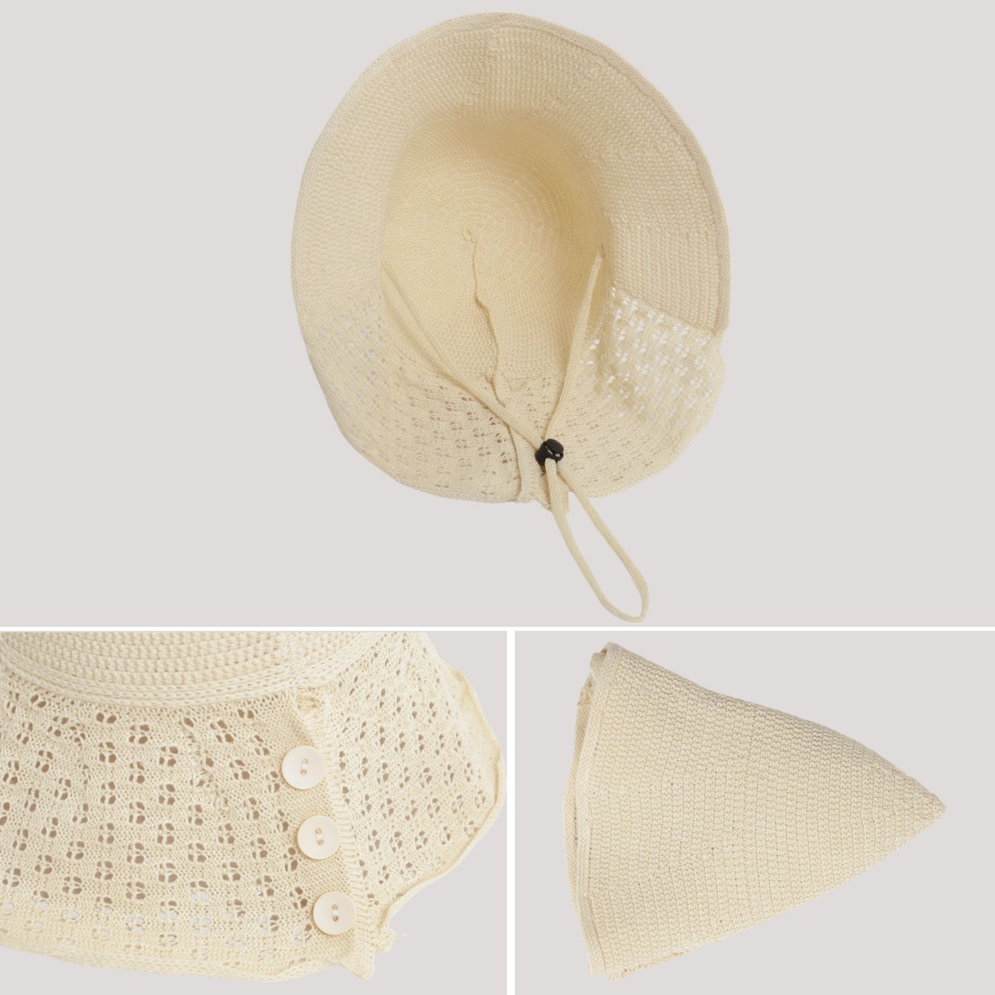 Crochet Bucket Hat with Adjustable Chin Strap and Back Button Eyelet Panel for Sun Protection