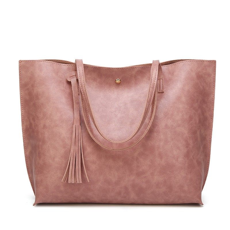 Large Faux Leather Shoulder Tote Bag with Tassel and Magnetic Snap Closure