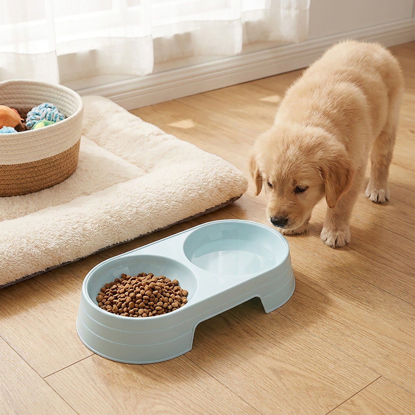 Plastic Double Pet Bowl with Raised Base for Food and Water