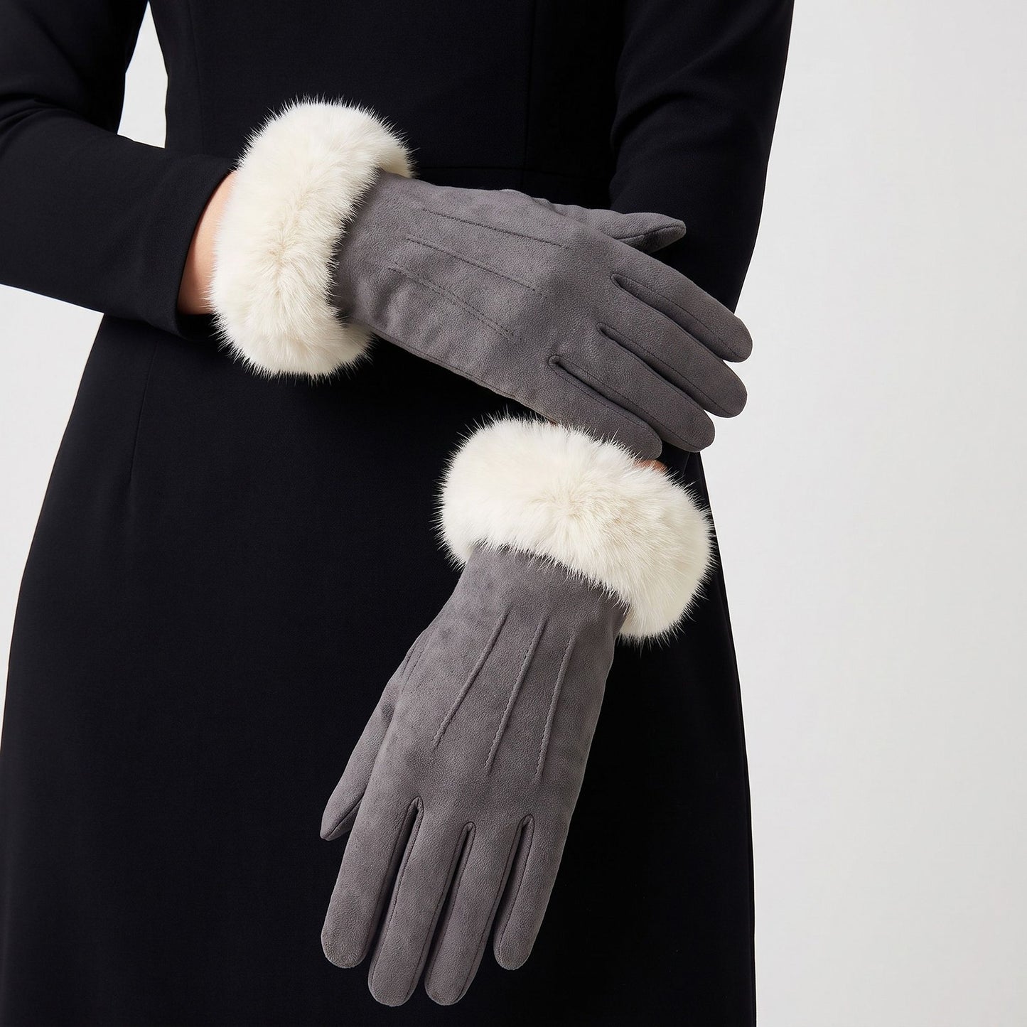 Faux Fur Cuff Full Finger Gloves with Soft Suede Like Finish