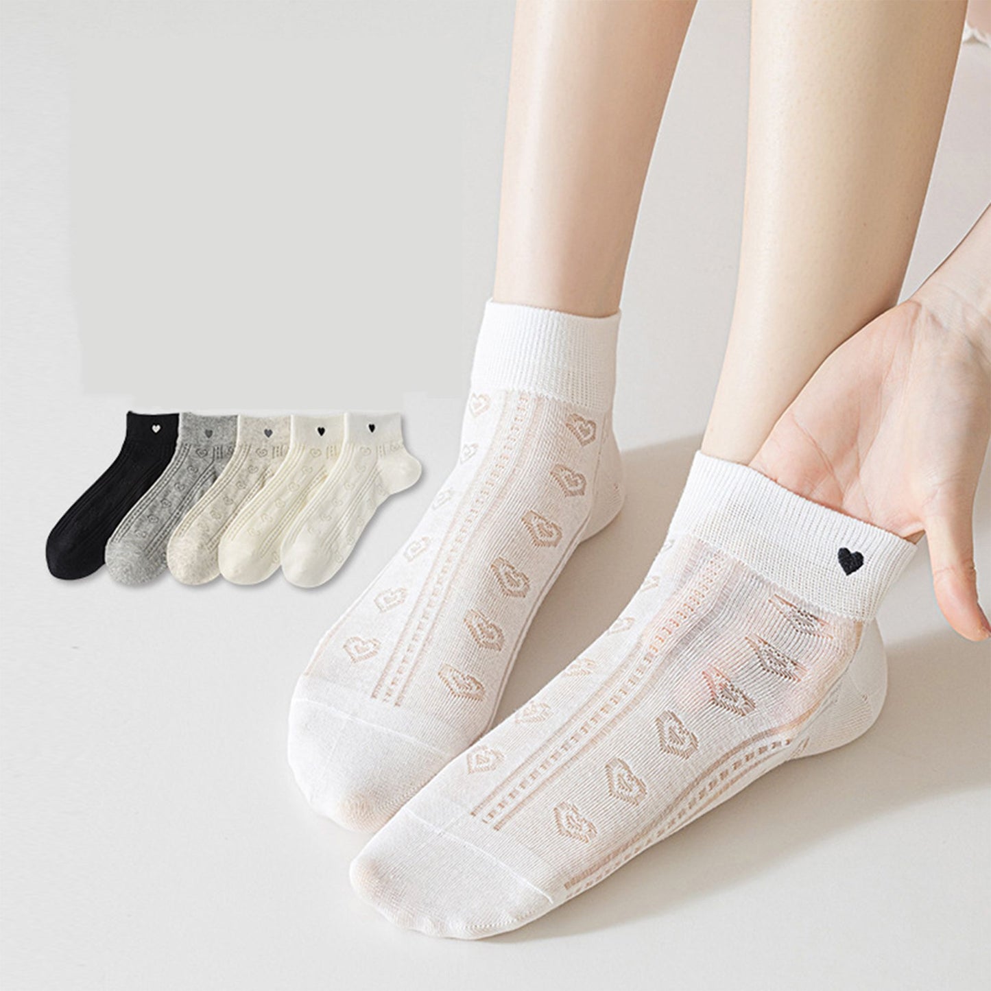 4 Pairs Heart Pattern Breathable Short Crew Socks Soft Stretch Knit Design Multiple Color Options