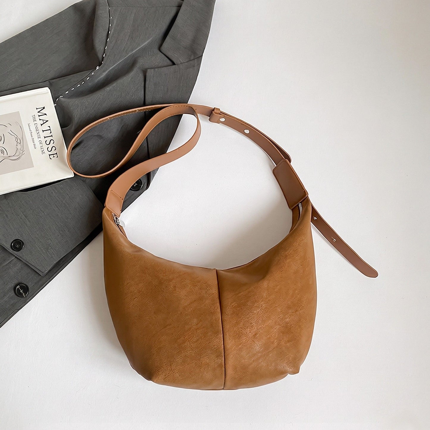 Soft Faux Leather Crescent Shoulder Bag Adjustable Strap Slouchy Everyday Crossbody Purse