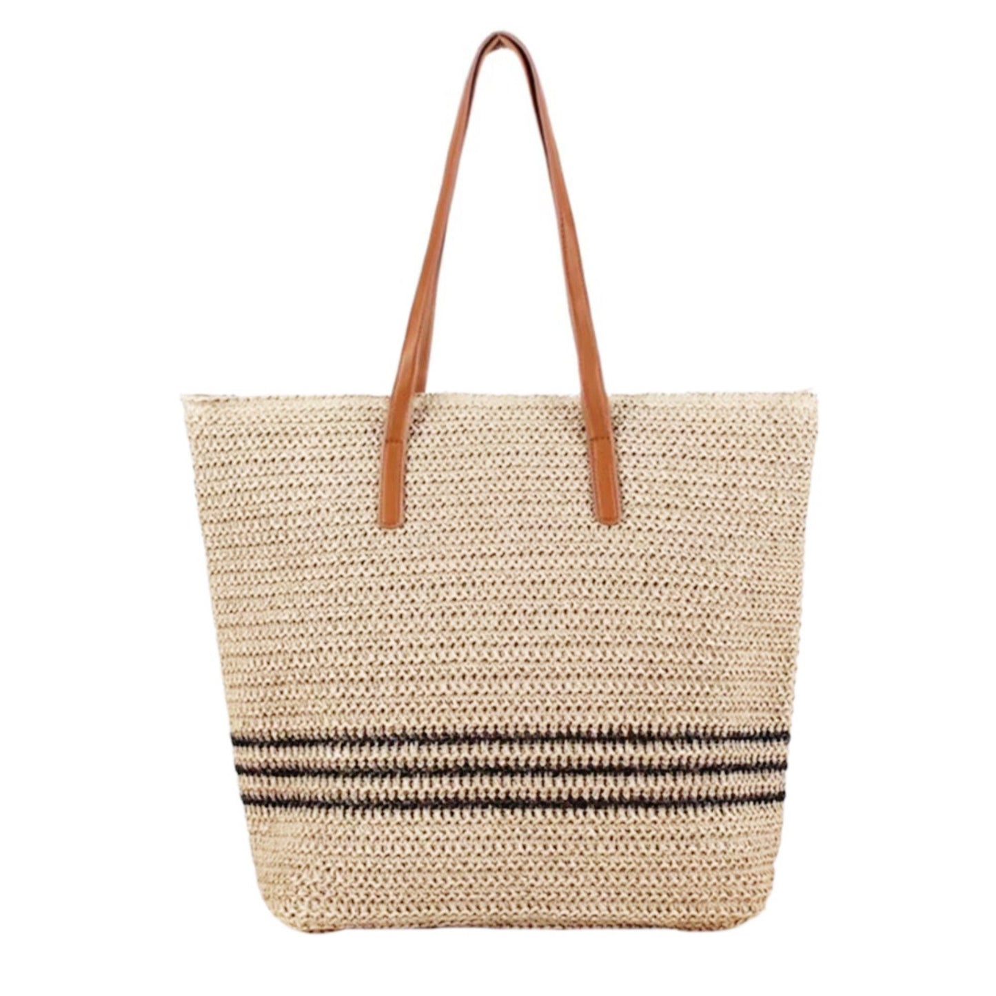 Woven Crochet Tote Bag with Striped Pattern Leather Shoulder Strap Lightweight Large Capacity Handbag