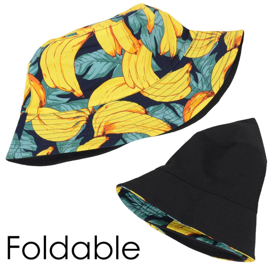 Fruit Print Bucket Hat Double-Side-Wear Reversible Fisherman Hats Summer Foldable Cap for Women- Banana