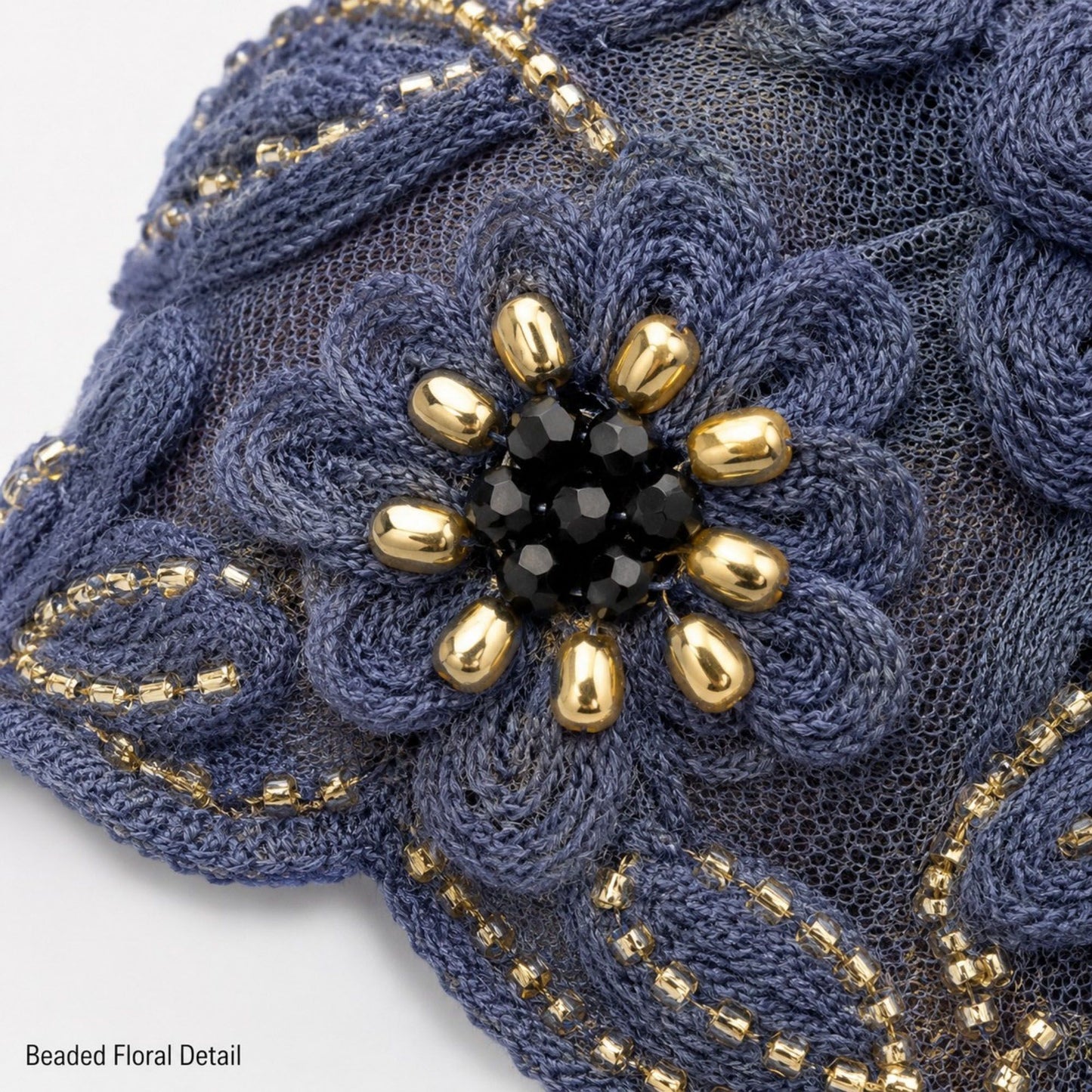 Floral Beaded Mesh Cloche Cap with Scalloped Trim