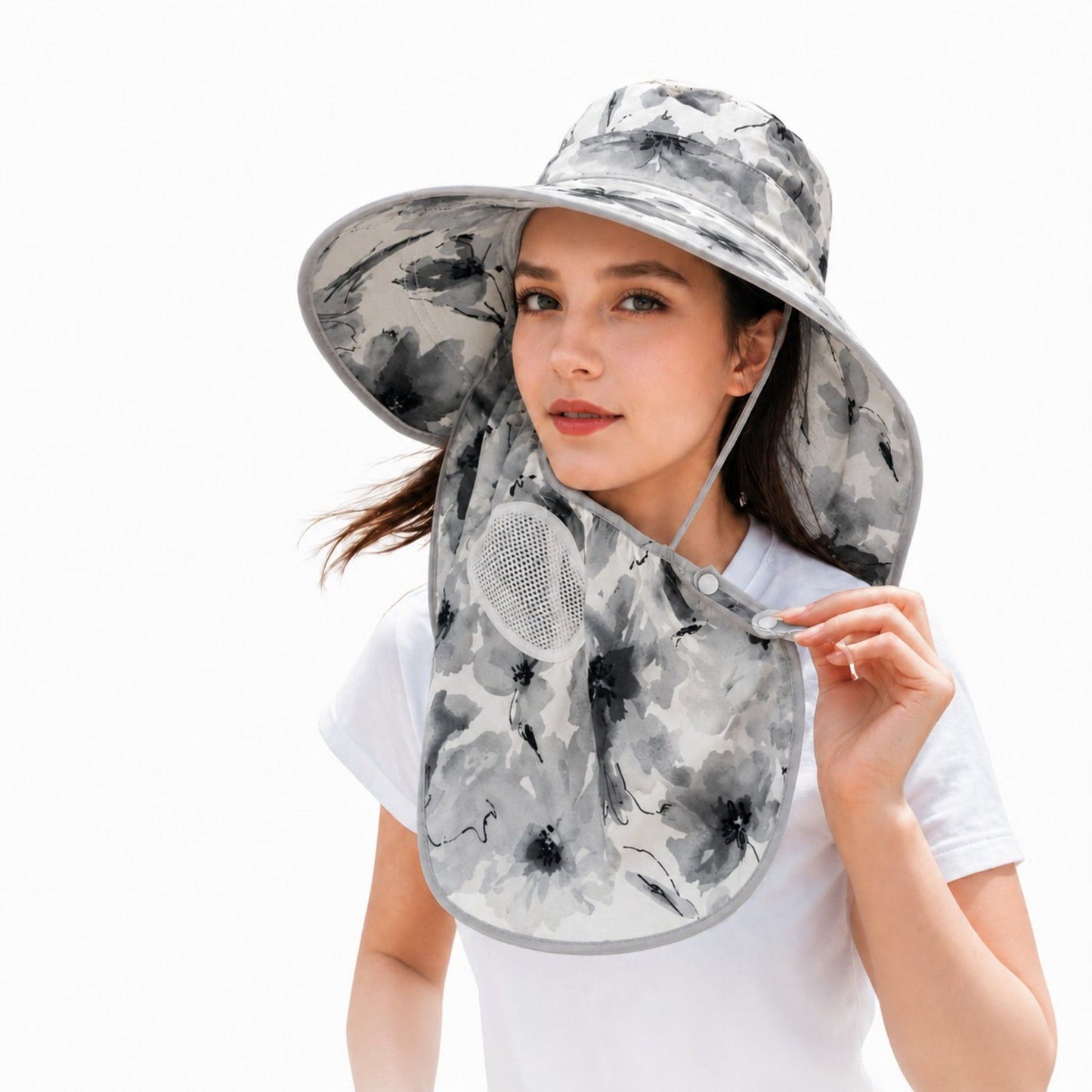 Floral Wide Brim Sun Hat with Face Cover Neck Flap and Mesh Breathing Panel