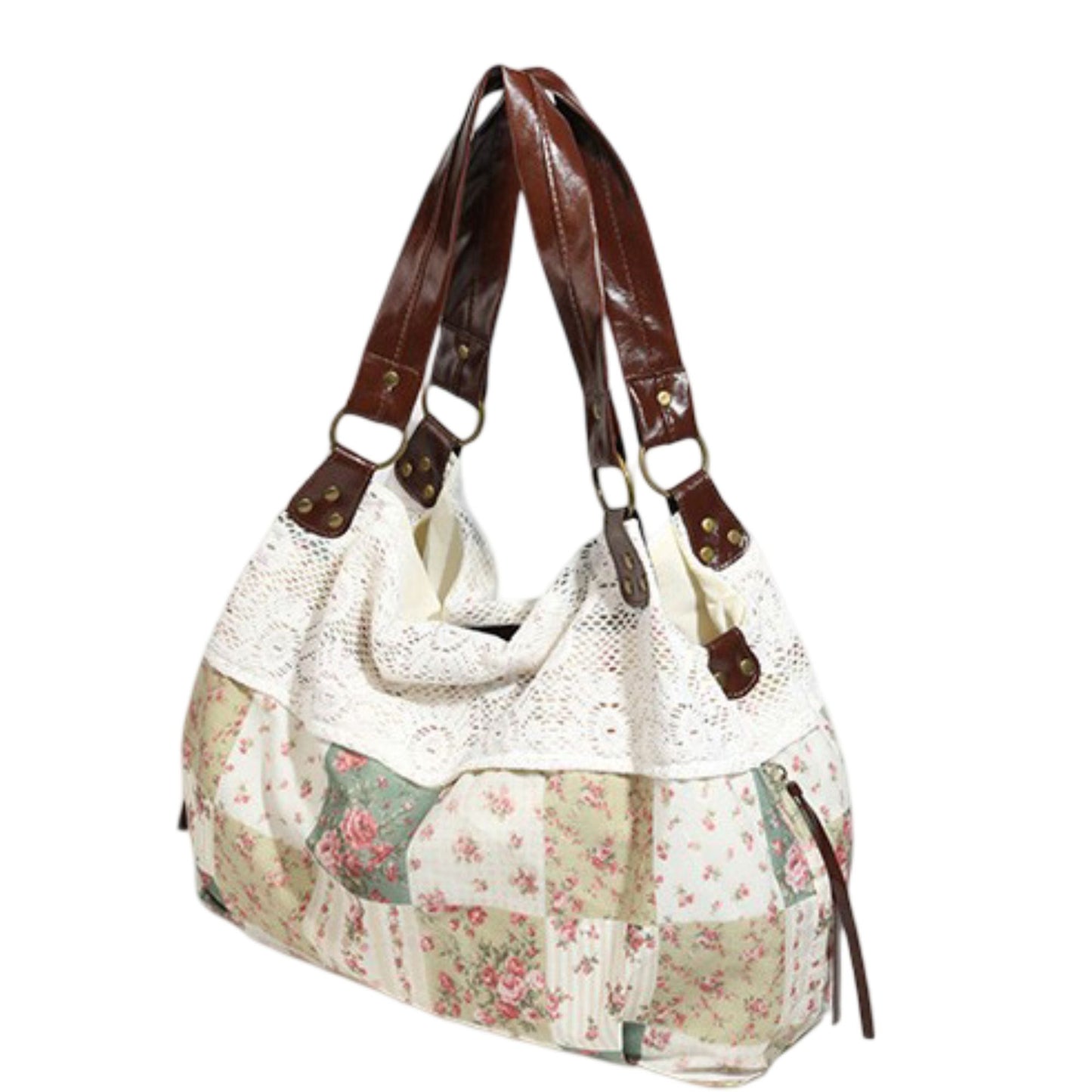Patchwork Shoulder Bag with Crochet Lace Detail and Faux Leather Straps