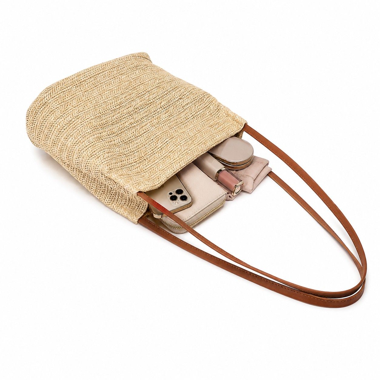 Woven Look Bucket Shoulder Bag with Magnetic Closure and Long Strap