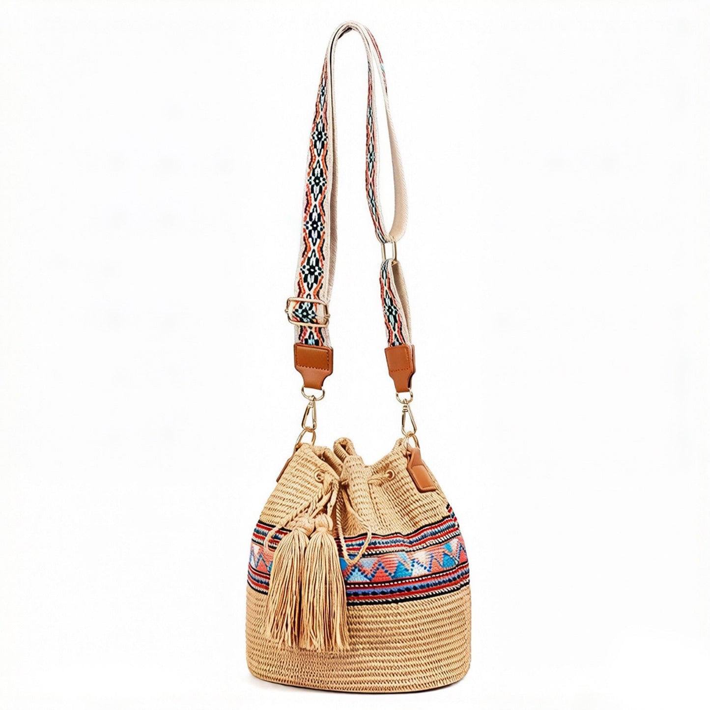 Woven Straw Bucket Bag with Pattern Strap Drawstring Closure Tassel Detail Crossbody Handbag