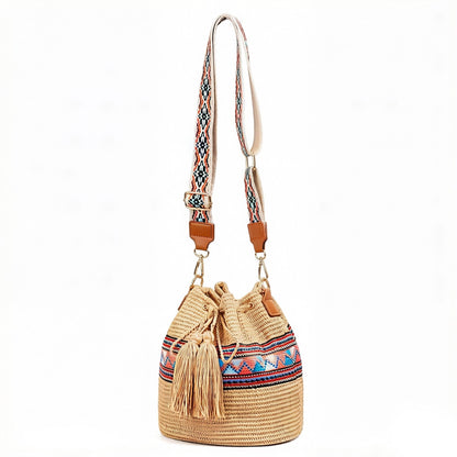 Woven Straw Bucket Bag with Pattern Strap Drawstring Closure Tassel Detail Crossbody Handbag