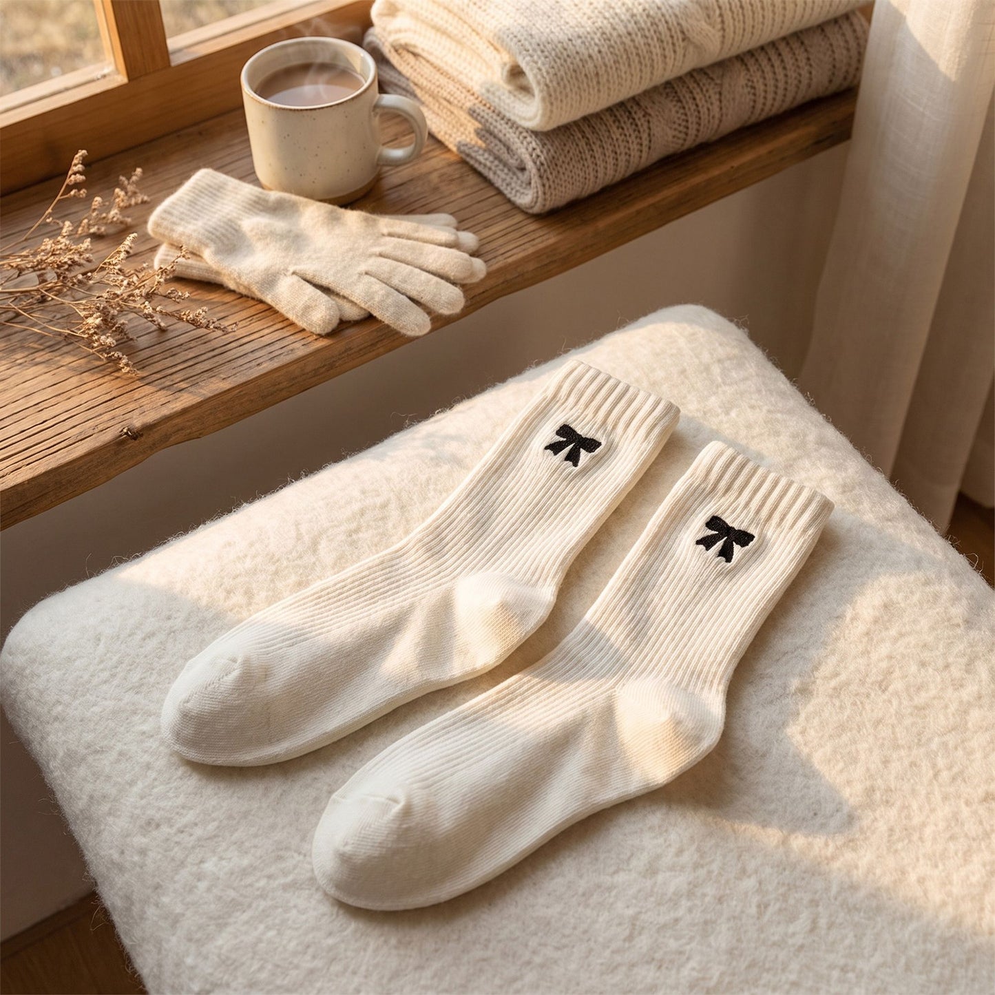 3-Pair Bow Embroidered Crew Socks Set, Ribbed Knit Casual Hosiery