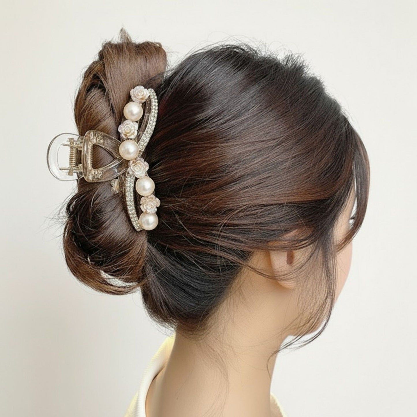 Beaded Flower Metal Hair Claw Clip with Curved Design and Textured Accents