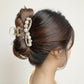 Beaded Flower Metal Hair Claw Clip with Curved Design and Textured Accents