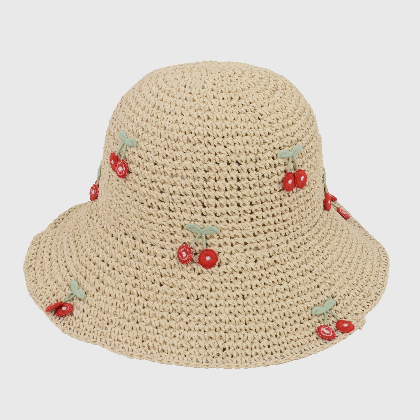 Straw Bucket Hat with Cherry Embellishments