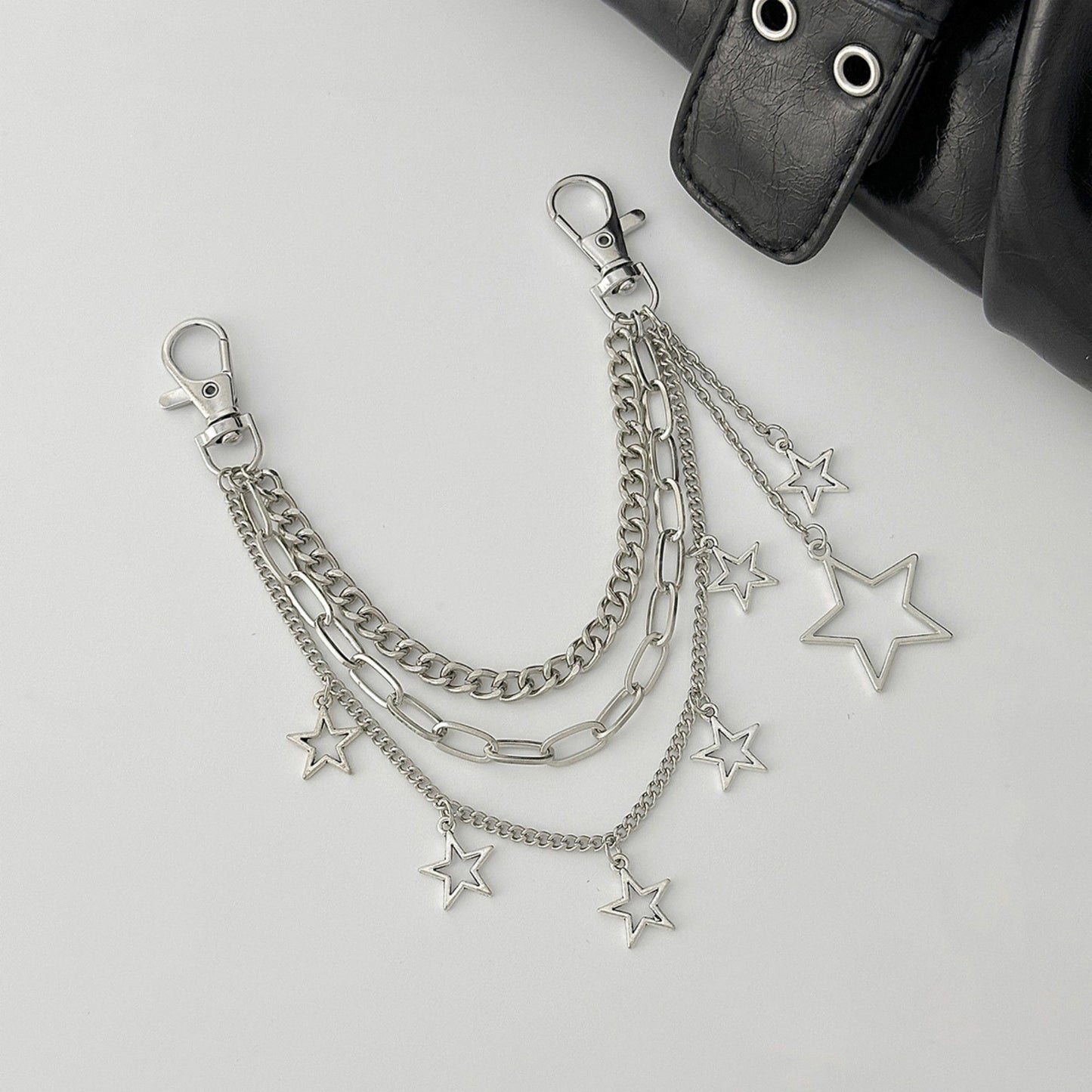 Star Chain Bag Charm with Layered Silver Tone Chains Clips and Hanging Star Pendants
