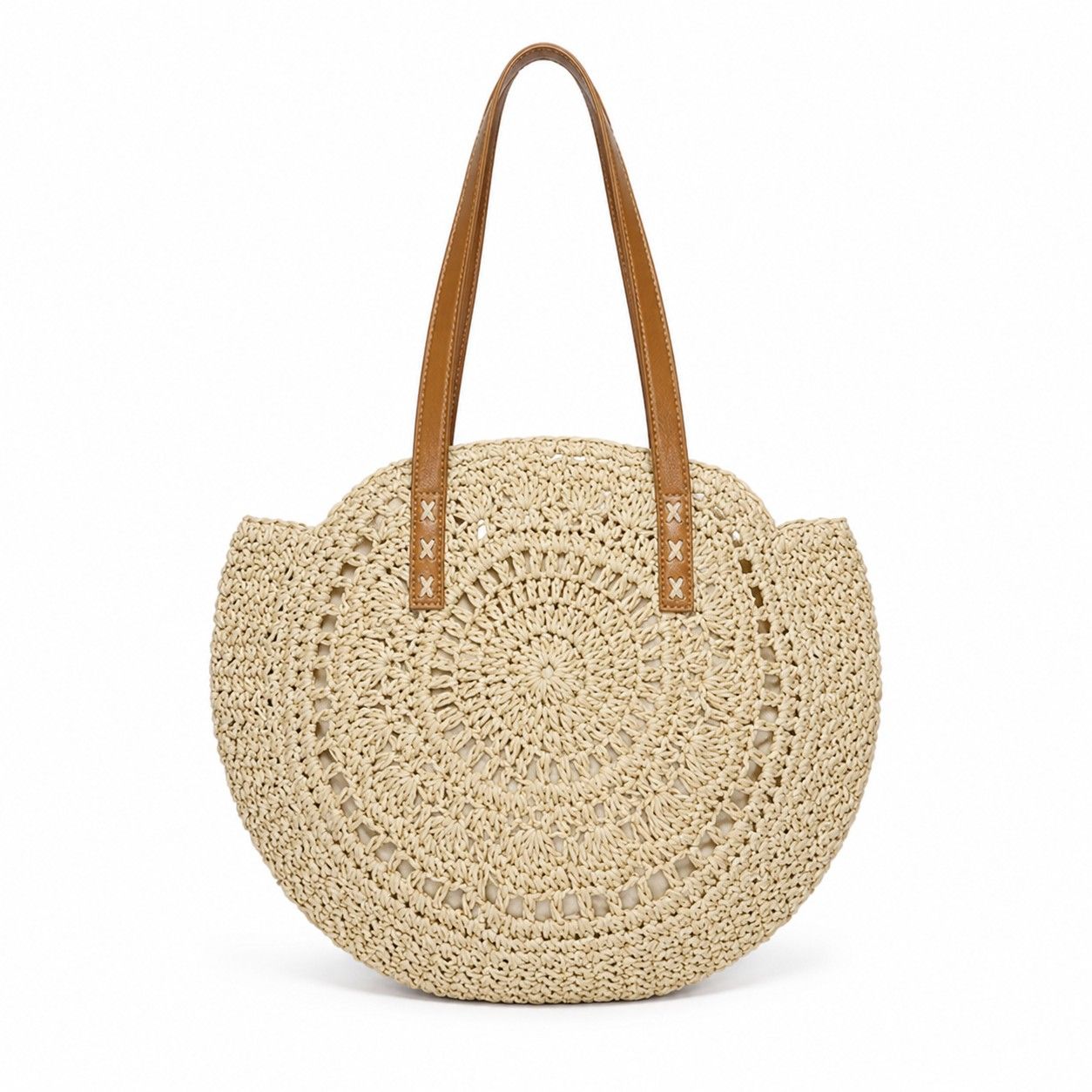 Round Woven Straw Tote Bag with Zip Closure Shoulder Handles and Slip Pocket