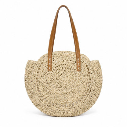 Round Woven Straw Tote Bag with Zip Closure Shoulder Handles and Slip Pocket