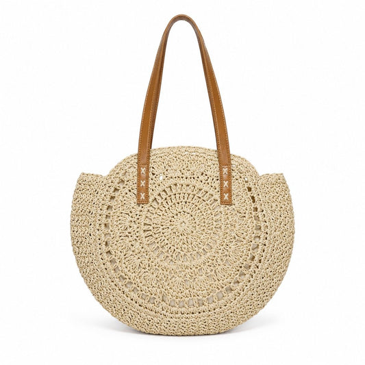 Round Woven Straw Tote Bag with Zip Closure Shoulder Handles and Slip Pocket