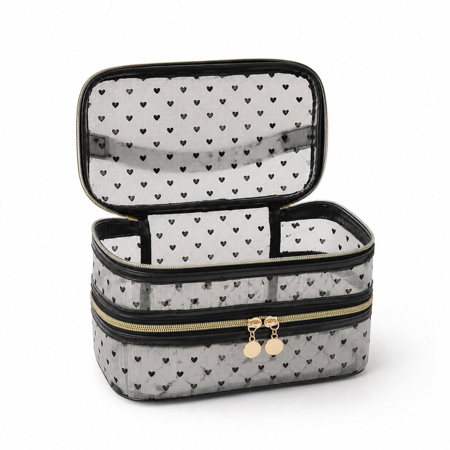 Two-Tier Cosmetic Organizer Bag with Heart Print Mesh Panels Gold Zippers and Carry Handle