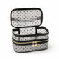 Two-Tier Cosmetic Organizer Bag with Heart Print Mesh Panels Gold Zippers and Carry Handle