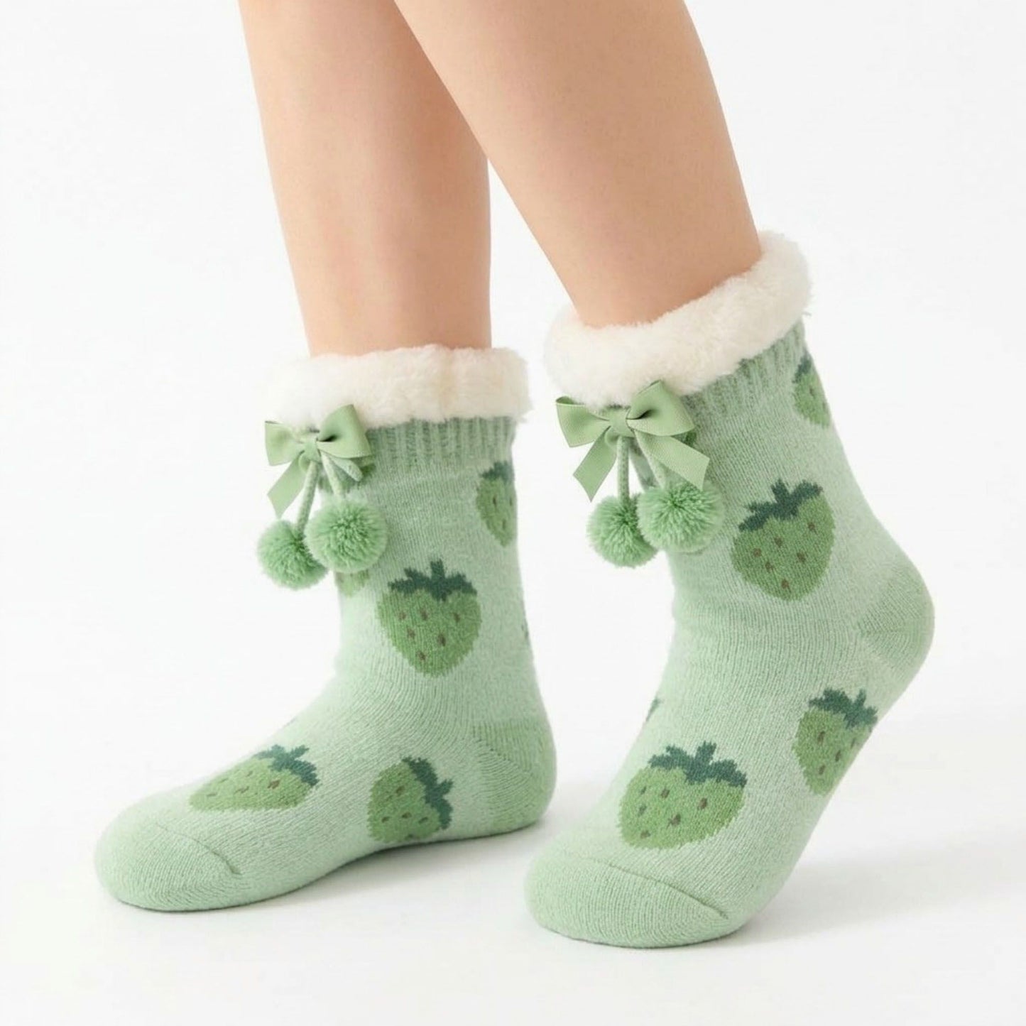 Fuzzy Strawberry Bow Crew Socks  US 5-10.5