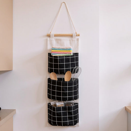 Hanging Wall Organizer with Three Pockets and Black Grid Pattern 22.5x7.8 in