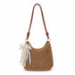Decorative Woven Crossbody Bag with Pearl Charm, Scarf Accent and Zip Closure