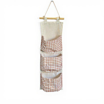 Hanging Wall Organizer with Three Pockets and Brown Gingham Pattern 19x7.8 in