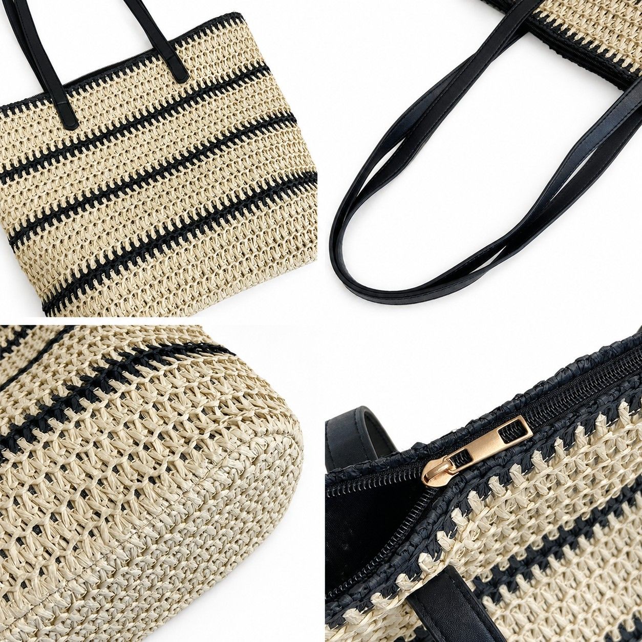 Open Weave Tote Bag with Contrast Stripe Zip Closure and Shoulder Handles