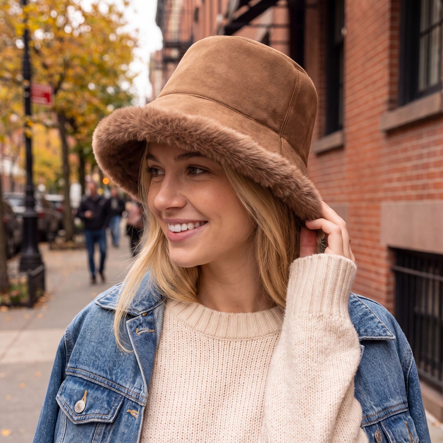 Faux Suede Bucket Hat with Faux Fur Trim Winter Hat