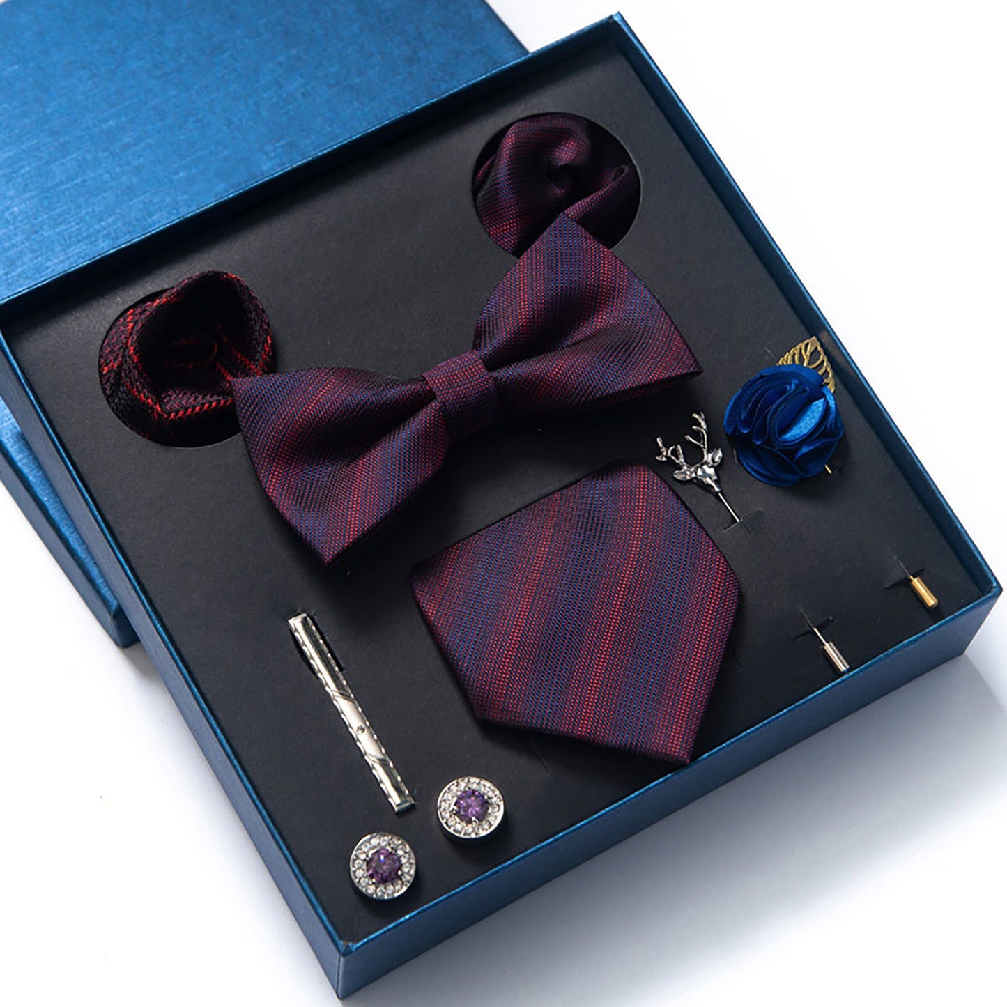 Men's Micro Grid Pattern Bow Tie Gift Set Pre-Tied Bowtie Pocket Square Cufflinks Tie Clip Formal Accessory Set