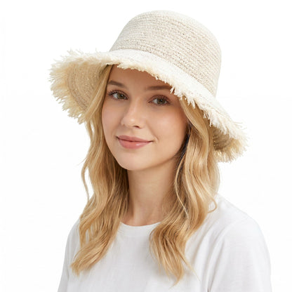 Straw Bucket Hat Frayed Edge Wide Brim Sun Hat Summer Beach UV Protection Cap