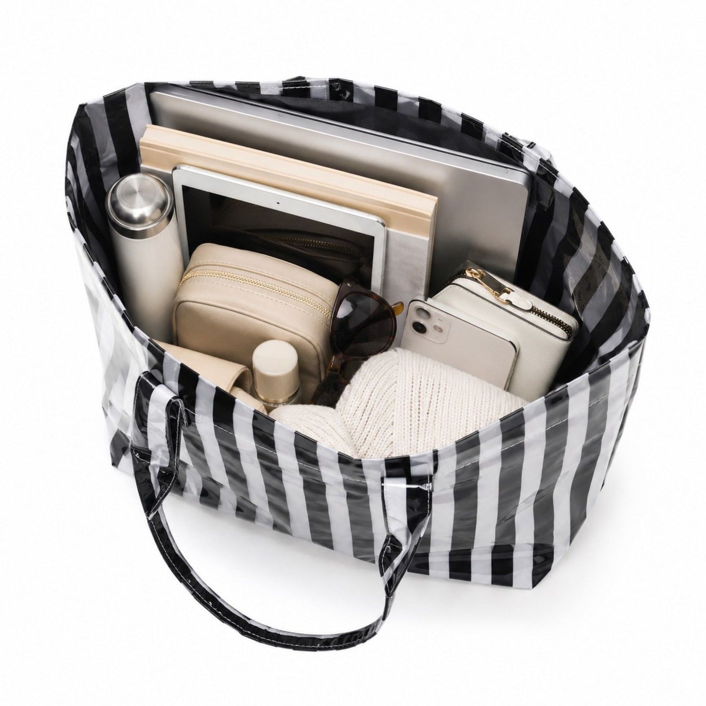 Striped Tote Bag Glossy Coated Large Capacity Shoulder Bag for Travel and Beach