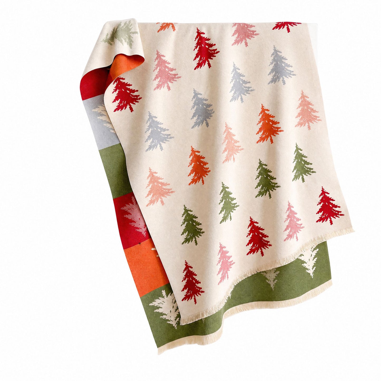 Christmas Tree Print Oversized Scarf Holiday Winter Wrap with Fringe Edge 70.8*25.6 Inches