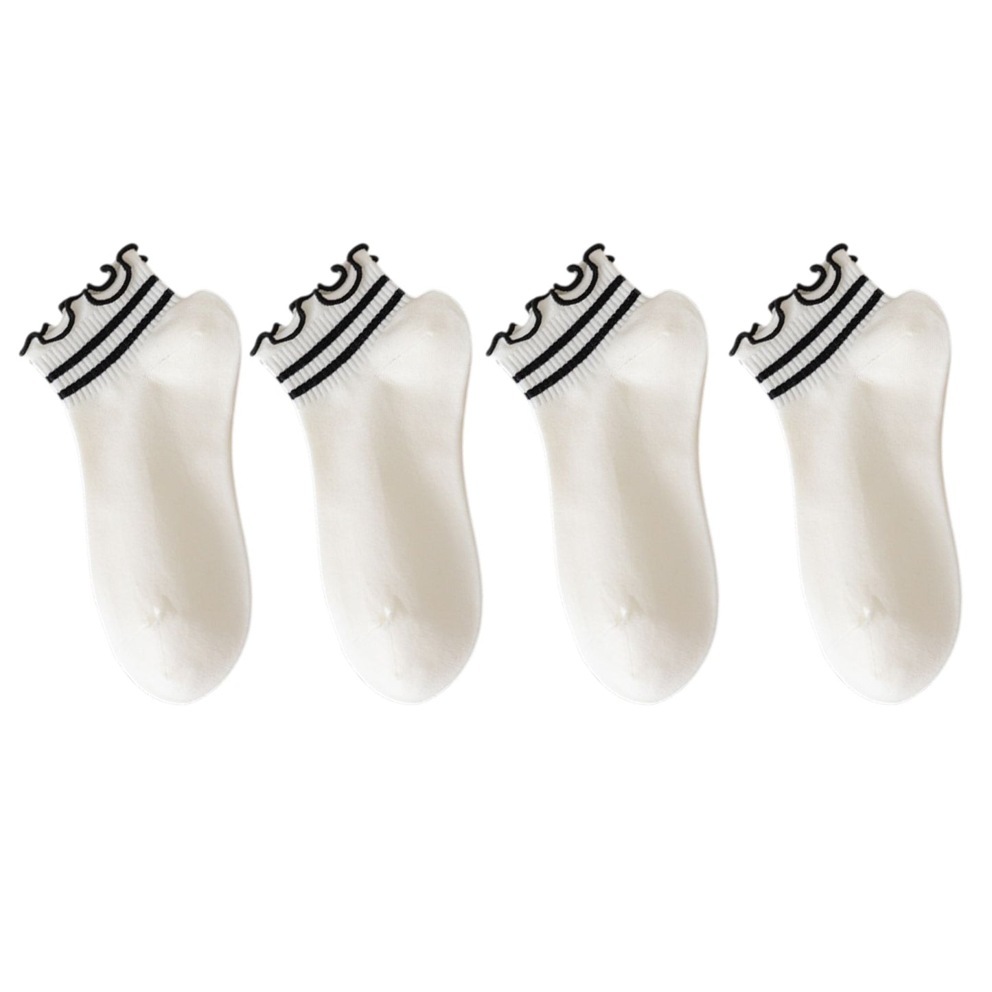 4 Pairs Ankle Socks with Ruffle Trim Cuff Featuring Cherry, Grid, Stripe, and Polka Dot Designs