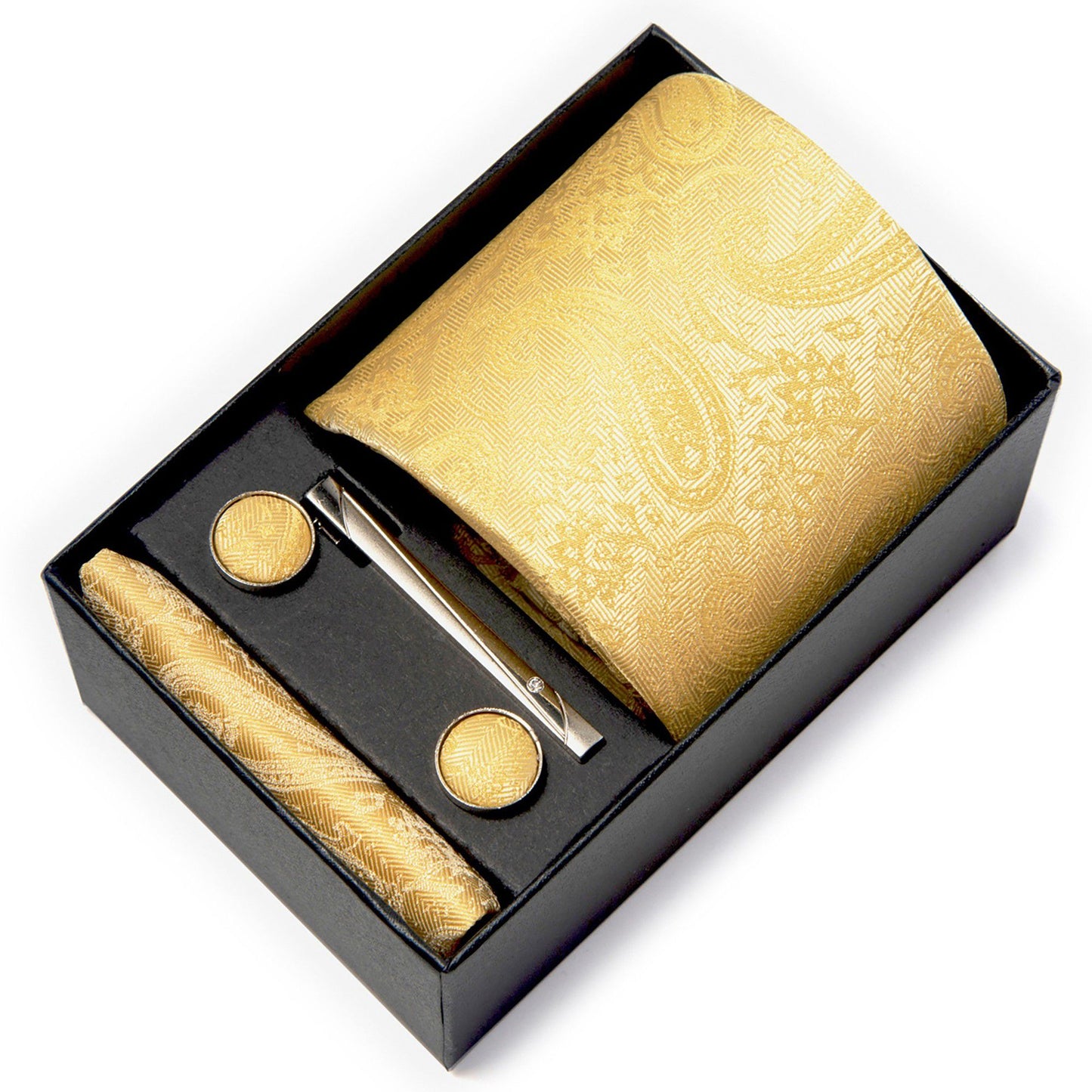 Men's Paisley Floral Tie Gift Set with Matching Pocket Square Cufflinks and Silver Tie Clip