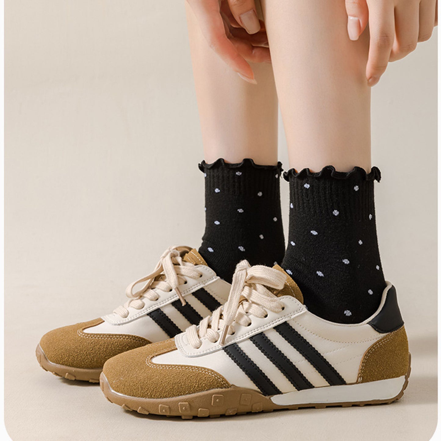 Polka Dot Ankle Socks Set Soft Cotton Blend Ruffle Trim Cuff Multiple Color Combos 5 Pairs